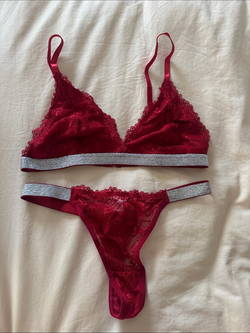 Lace Bralette & Thong Set - Burgundy with Silver Trim